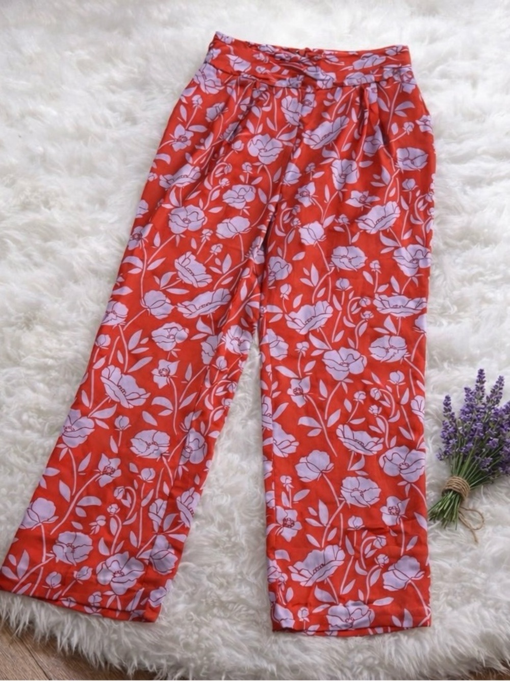 Lovers + Friends Selma Satin Floral Pant Red Lilac Pleated waist high rise